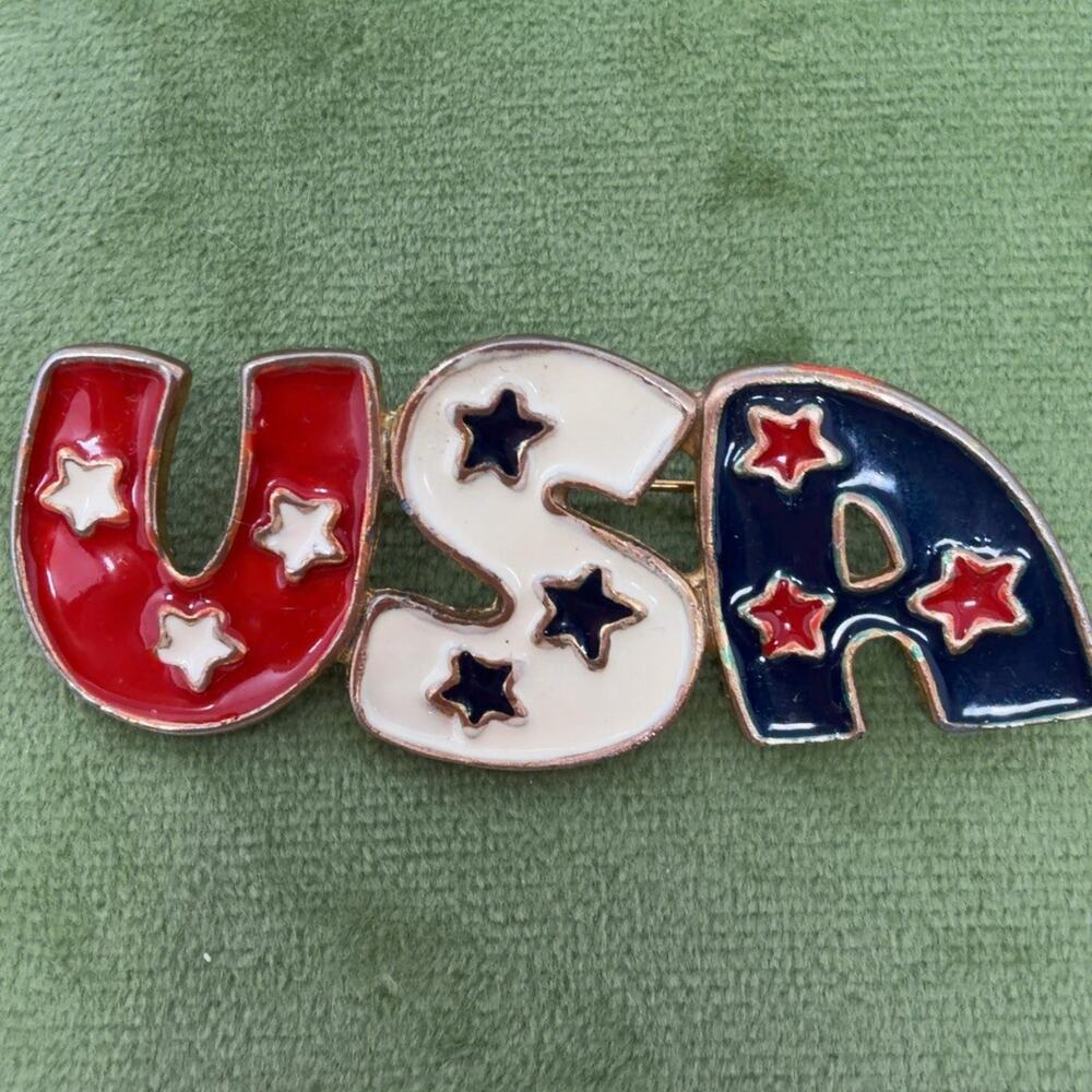 Vintage USA Patriotic Red White Blue Enamel Letter Brooch Pin 2.5in